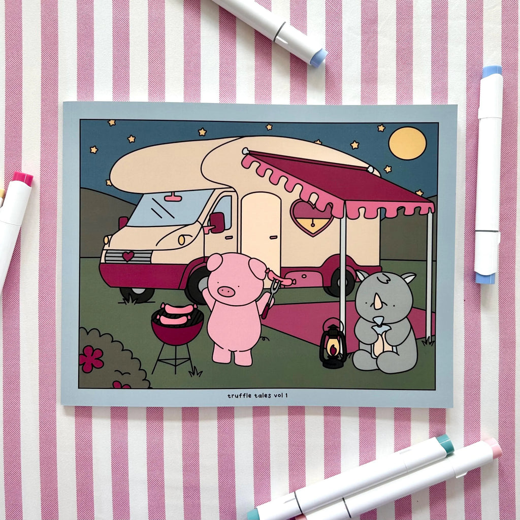 Coloring book cover of a pig and rhino in front of a camper van on a striped background.