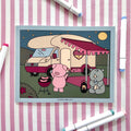 Coloring book cover of a pig and rhino in front of a camper van on a striped background.