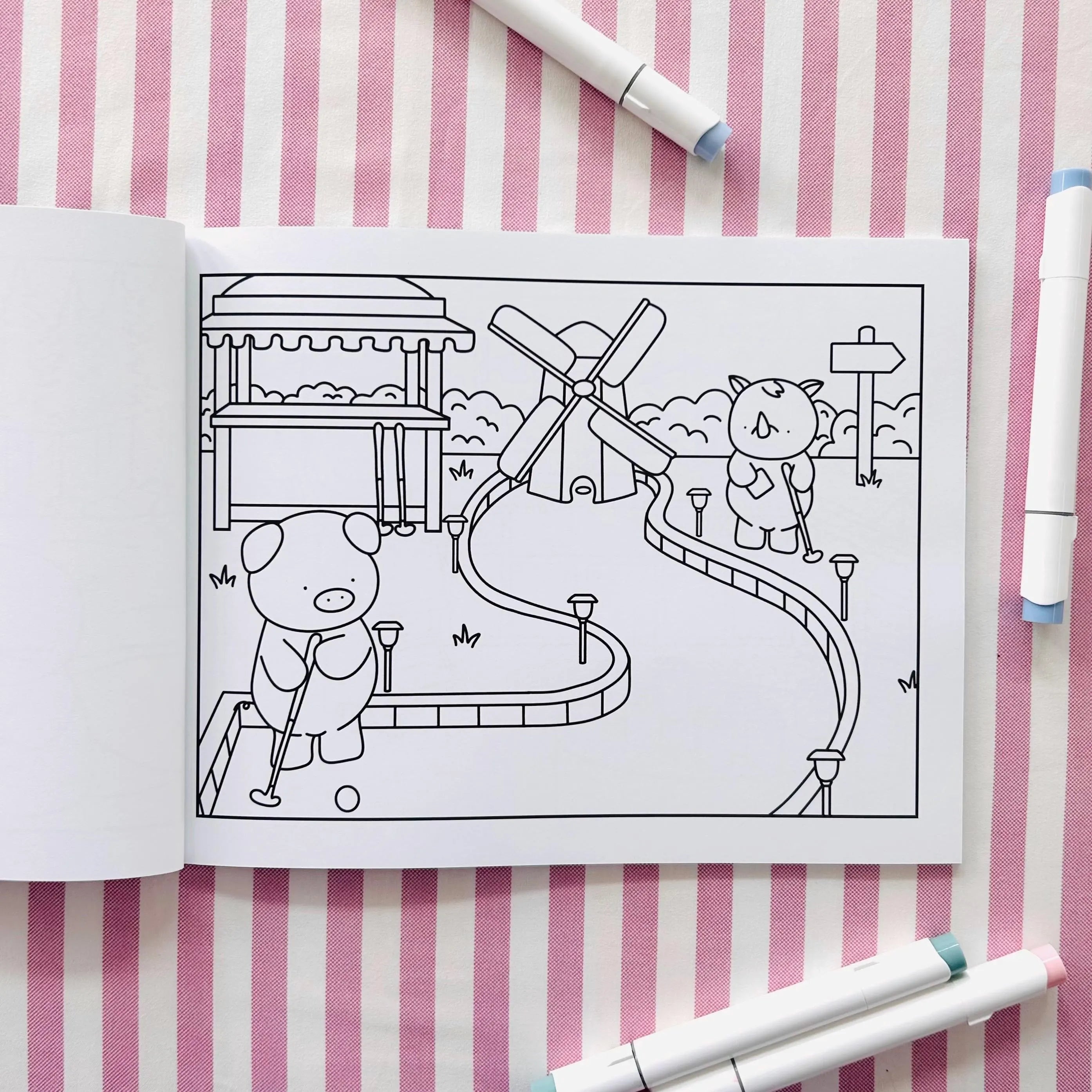 Open coloring book page of a pig and rhino playing mini golf.