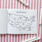 Open coloring book of a USA map and marked locations.