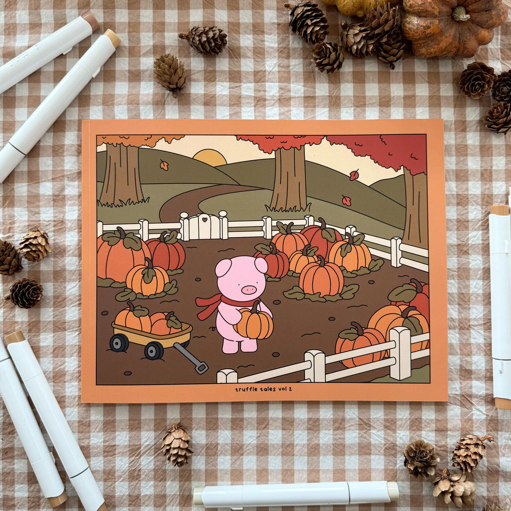 Coloring book cover with pig holding a pumpkin in a pumpkin patch on a gingham tablecloth with markers and pine cones.