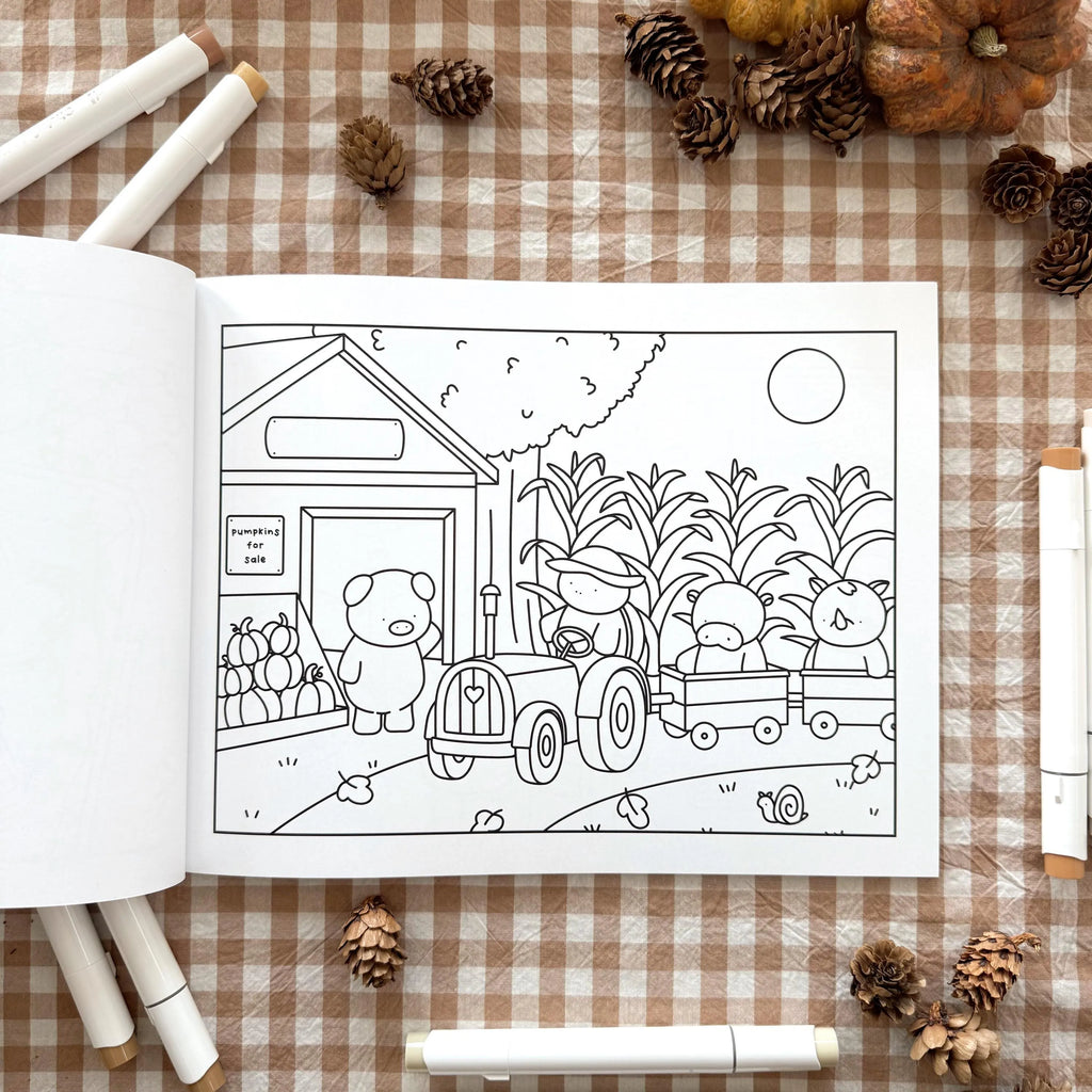 Open coloring page of animals on a train.