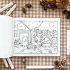 Open coloring page of animals on a train.