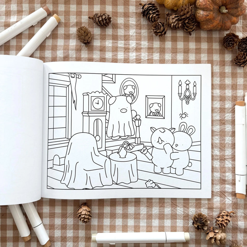 Open coloring page of animals in haunted house.