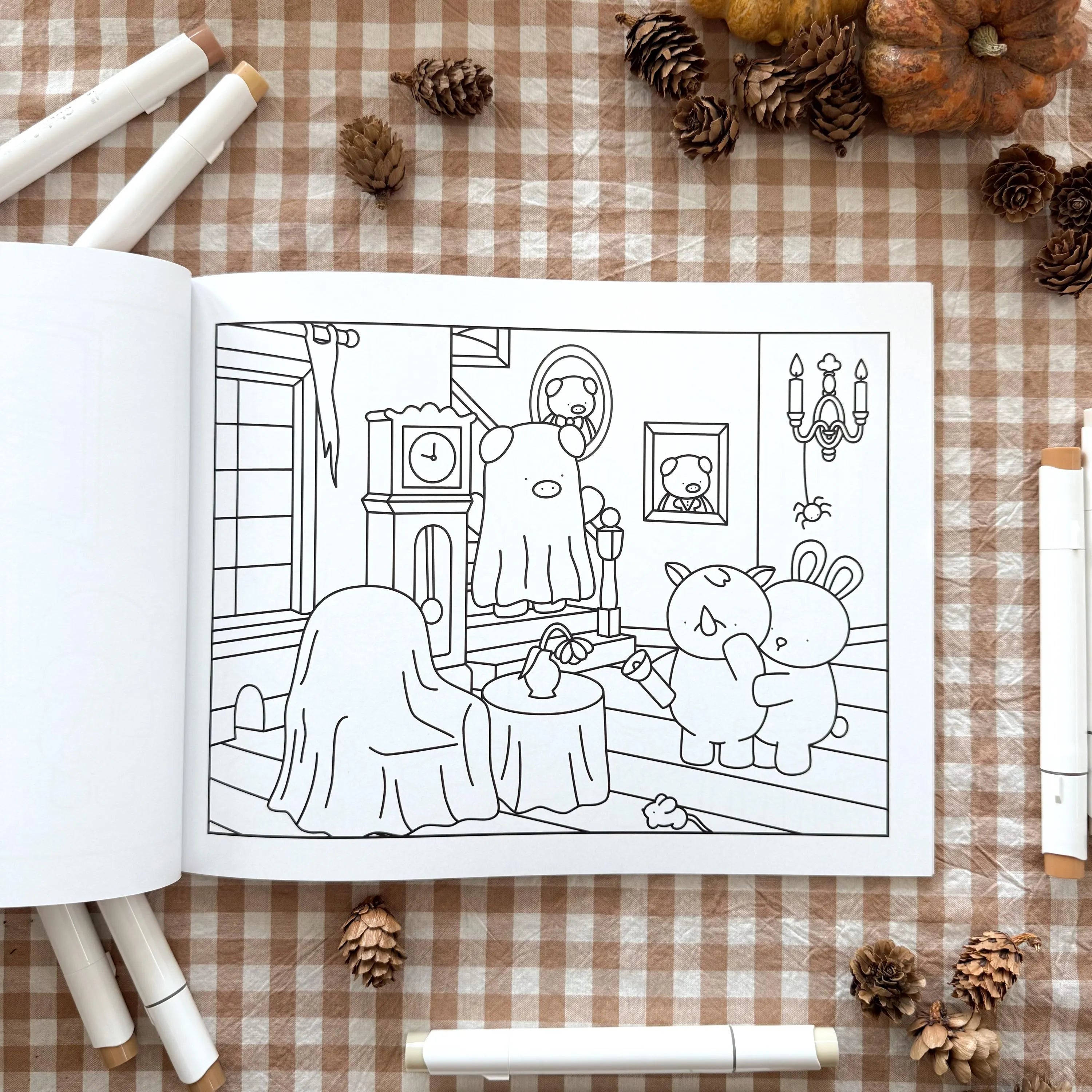 Open coloring page of animals in haunted house.