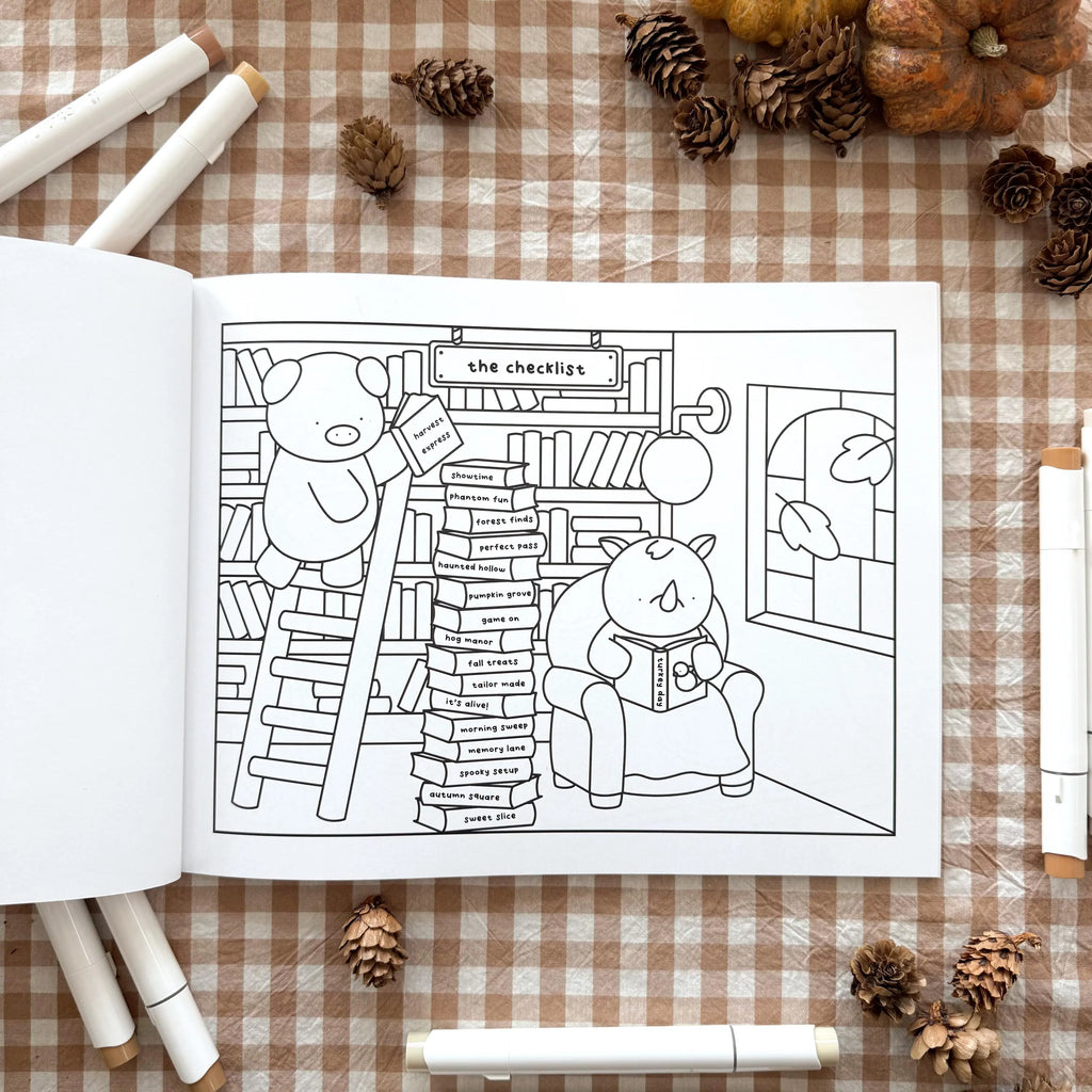 Coloring book page with animals in a library.