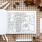 Coloring book page with animals in a library.