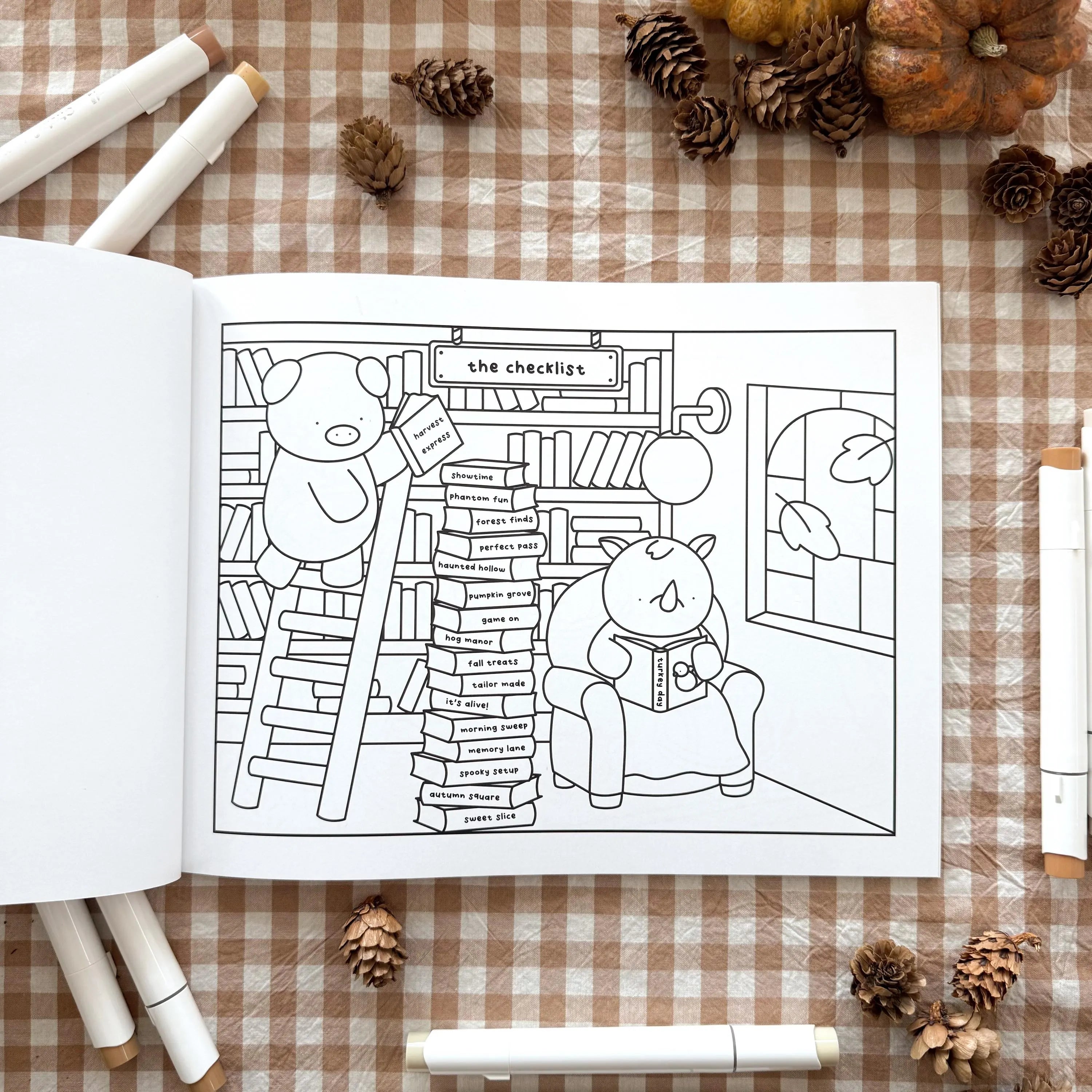 Coloring book page with animals in a library.